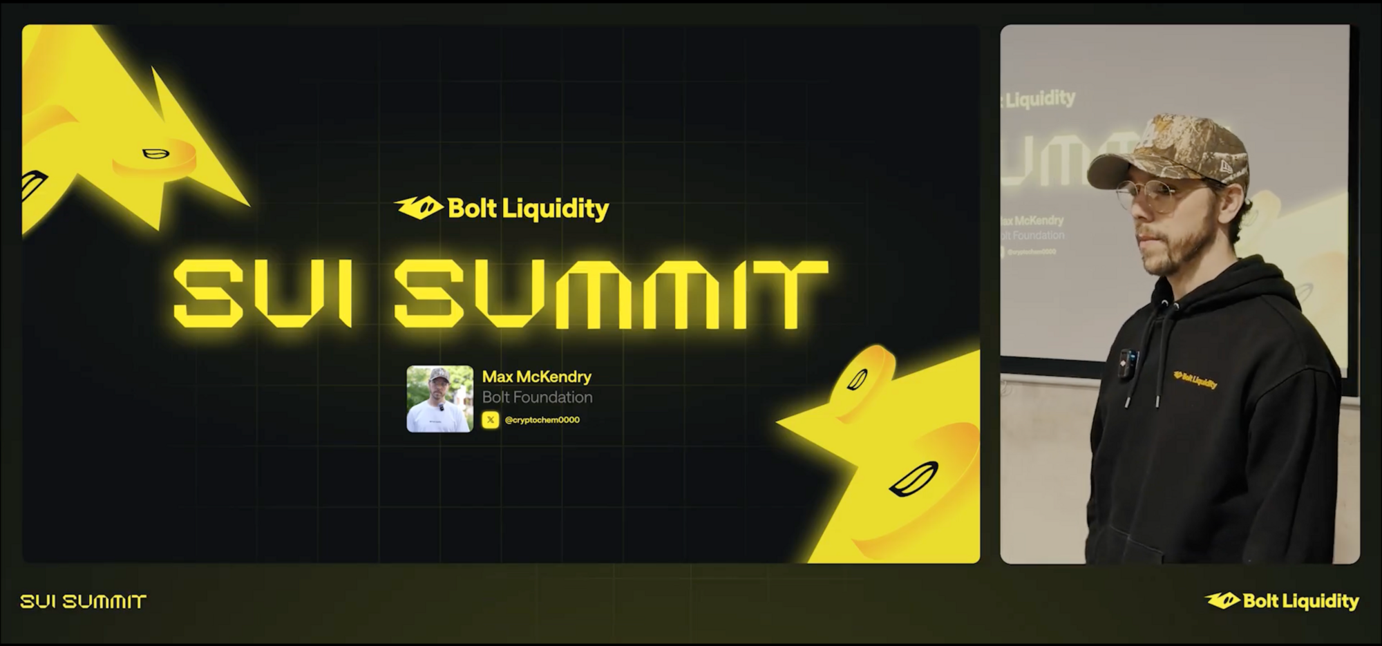 Sui Summit presentation slide branded for Bolt Liquidity, beside a photograph of the speaker presenting to the room.